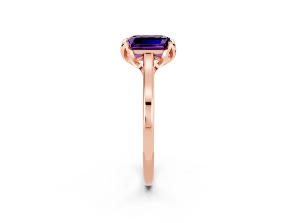 Rose gold Emerald Cut Amethyst Solitaire Ring with Flower Prong Setting and Classic Band