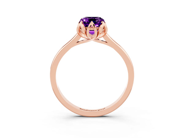 Rose gold Emerald Cut Amethyst Solitaire Ring with Flower Prong Setting and Classic Band