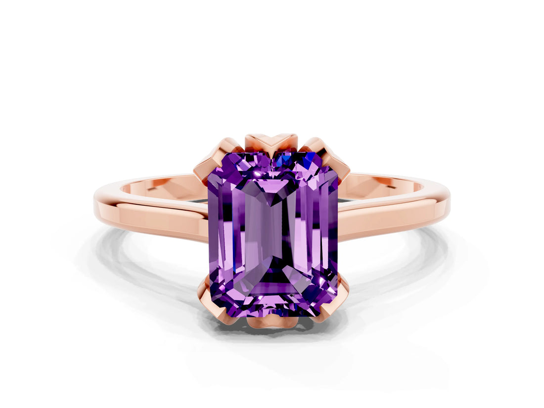 Rose gold Emerald Cut Amethyst Solitaire Ring with Flower Prong Setting and Classic Band_37