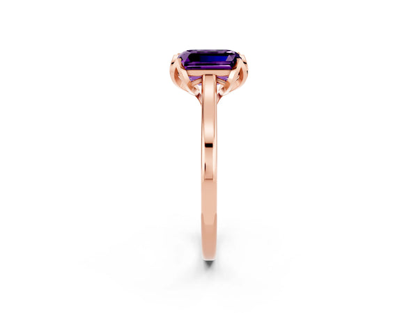Rose Gold Emerald Cut Amethyst Floral Solitaire Engagement Ring with Plain Band