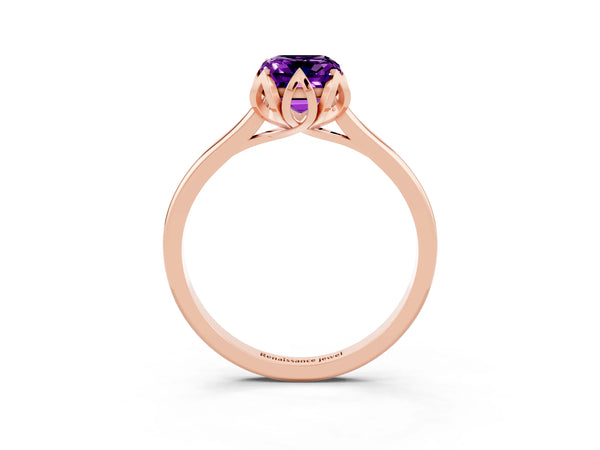 Rose Gold Emerald Cut Amethyst Floral Solitaire Engagement Ring with Plain Band