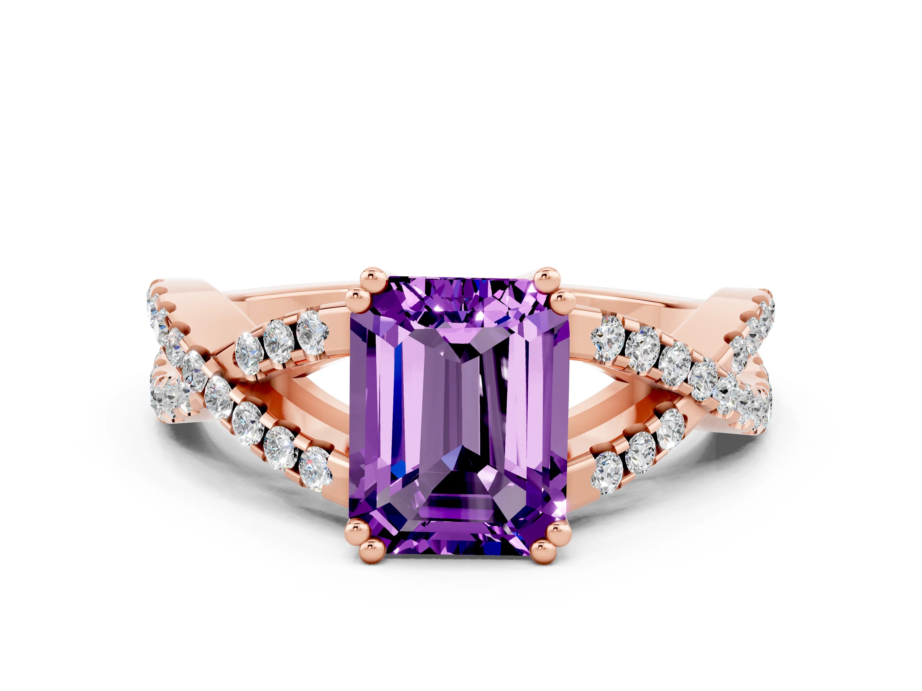 Rose gold Emerald Cut Amethyst Solitaire Ring with Four-Prong Setting and Twisted Pavé Band