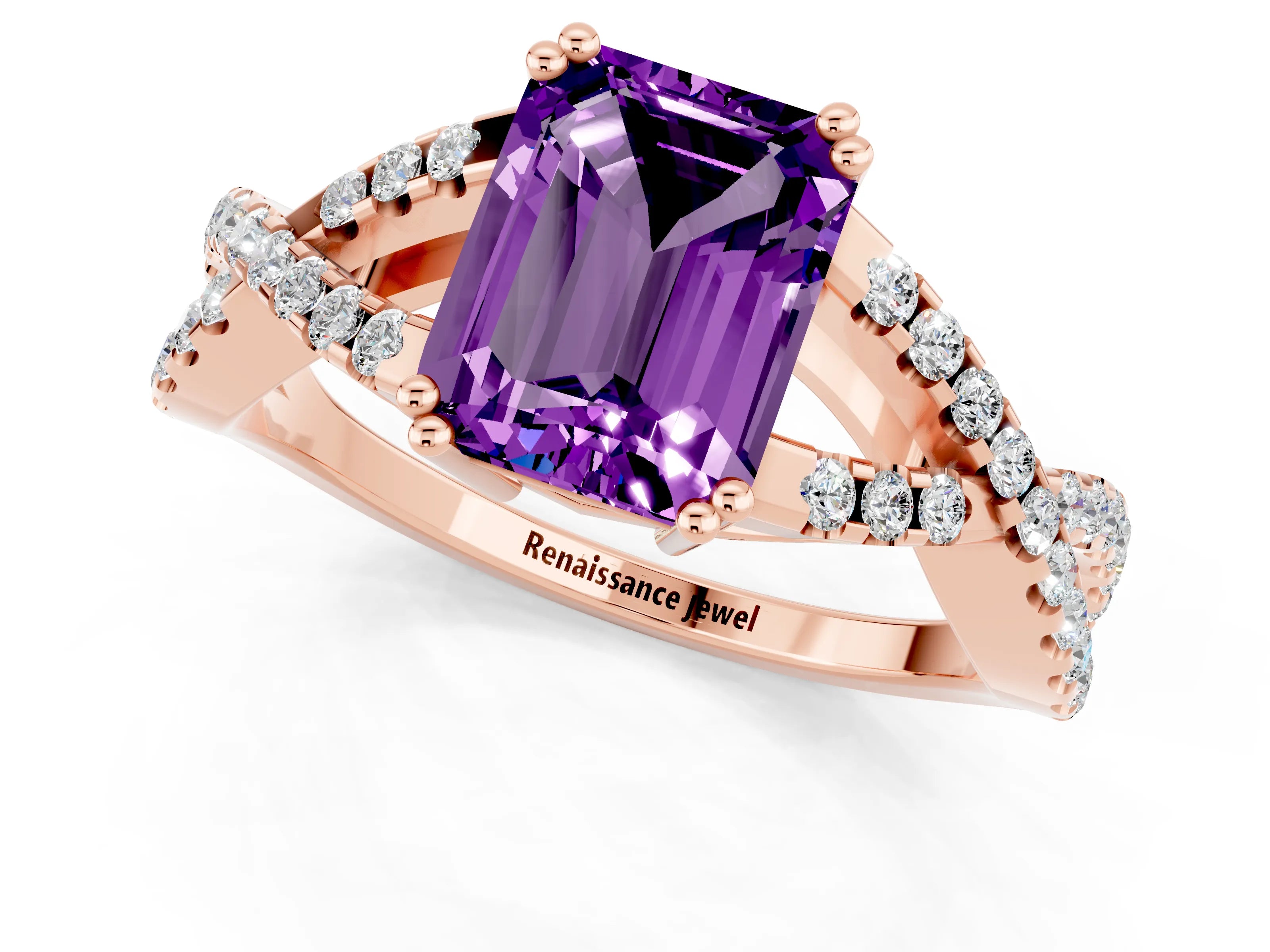 Rose gold Emerald Cut Amethyst Solitaire Ring with Four-Prong Setting and Twisted Pavé Band_1