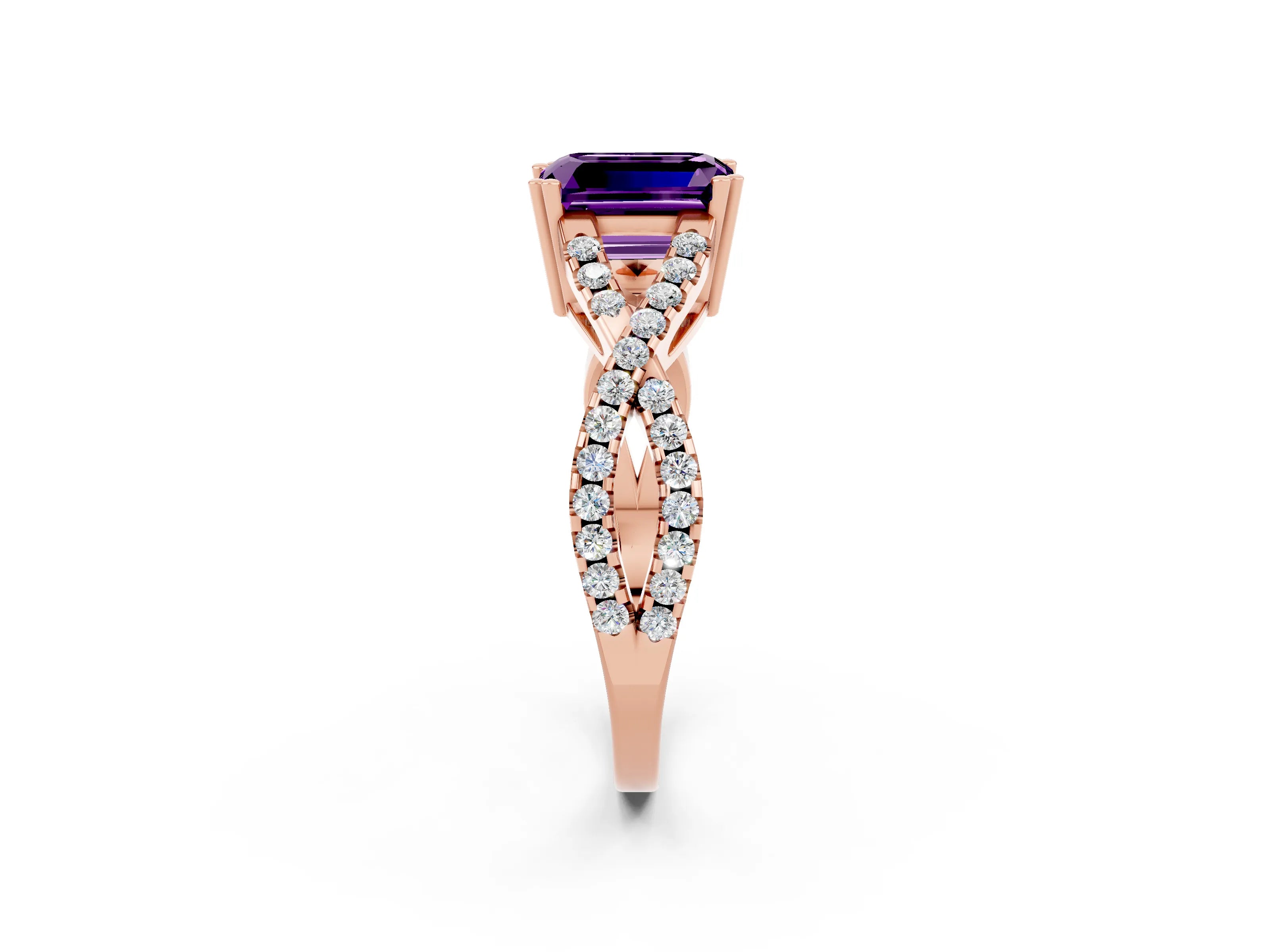 Rose gold Emerald Cut Amethyst Solitaire Ring with Four-Prong Setting and Twisted Pavé Band_2