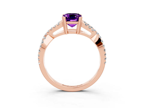 Rose gold Emerald Cut Amethyst Solitaire Ring with Four-Prong Setting and Twisted Pavé Band_3