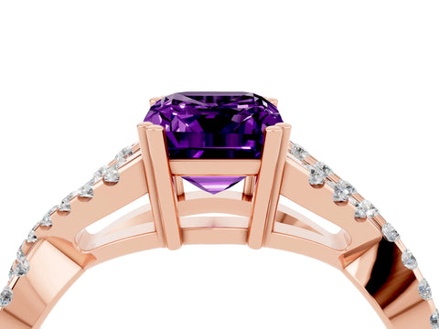 Rose gold Emerald Cut Amethyst Solitaire Ring with Four-Prong Setting and Twisted Pavé Band_4