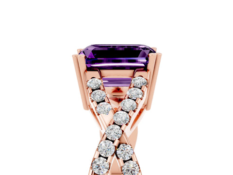 Rose gold Emerald Cut Amethyst Solitaire Ring with Four-Prong Setting and Twisted Pavé Band_5
