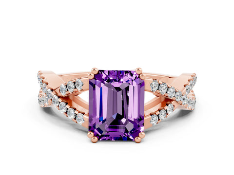 Rose gold Emerald Cut Amethyst Solitaire Ring with Four-Prong Setting and Twisted Pavé Band