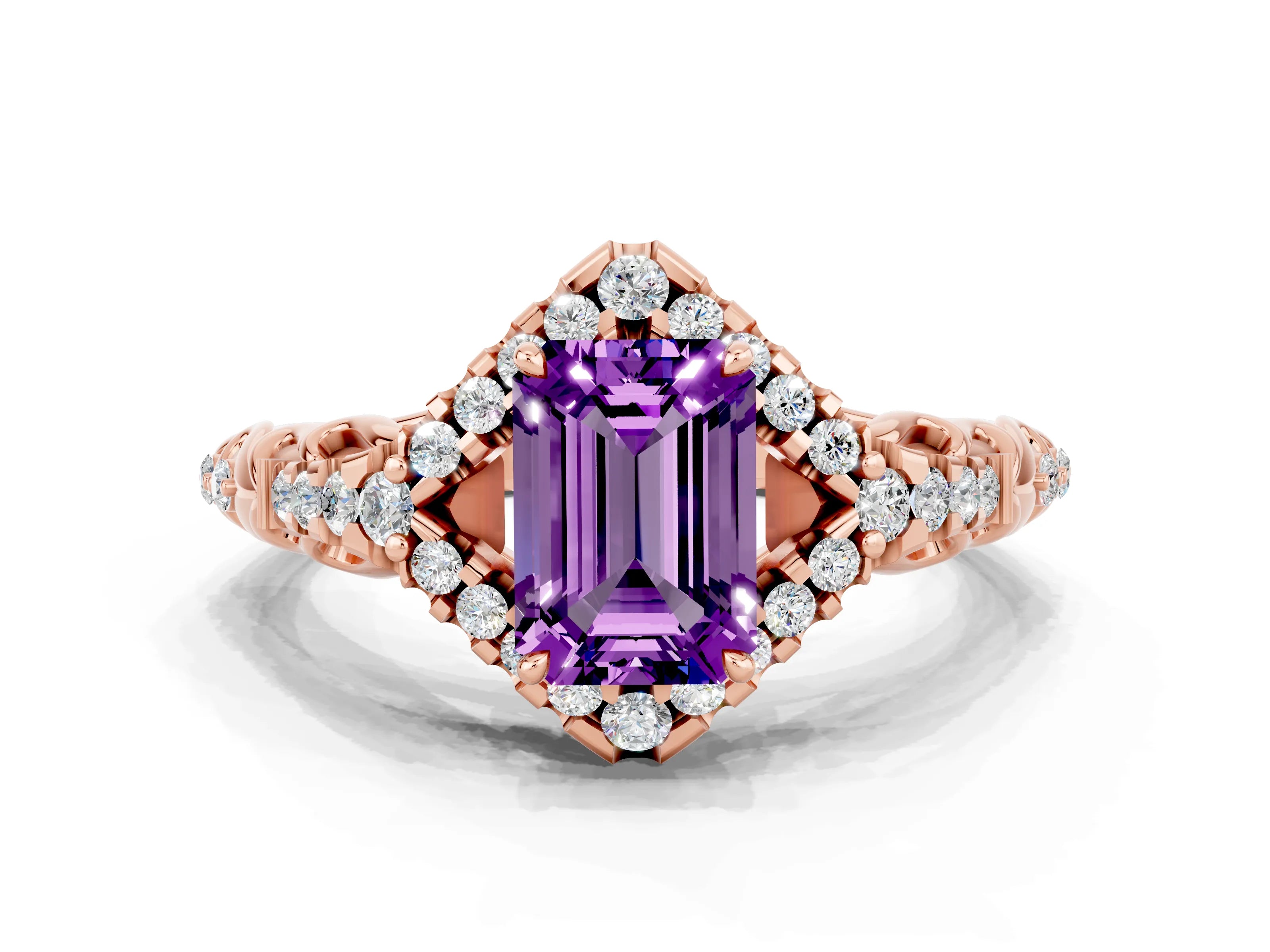 Rose gold Emerald Cut Amethyst Solitaire Ring with Hidden Halo and Pavé Band_12