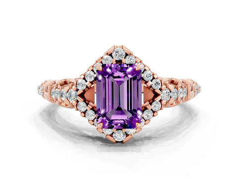 Rose gold Emerald Cut Amethyst Solitaire Ring with Hidden Halo and Pavé Band_12