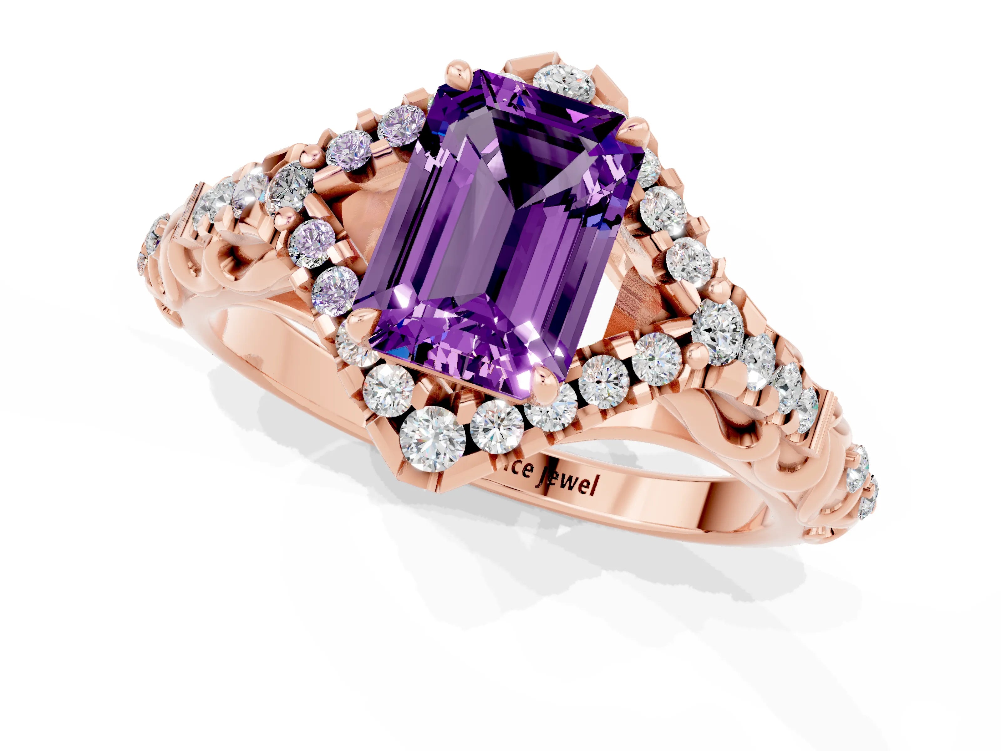 Rose gold Emerald Cut Amethyst Solitaire Ring with Hidden Halo and Pavé Band_13