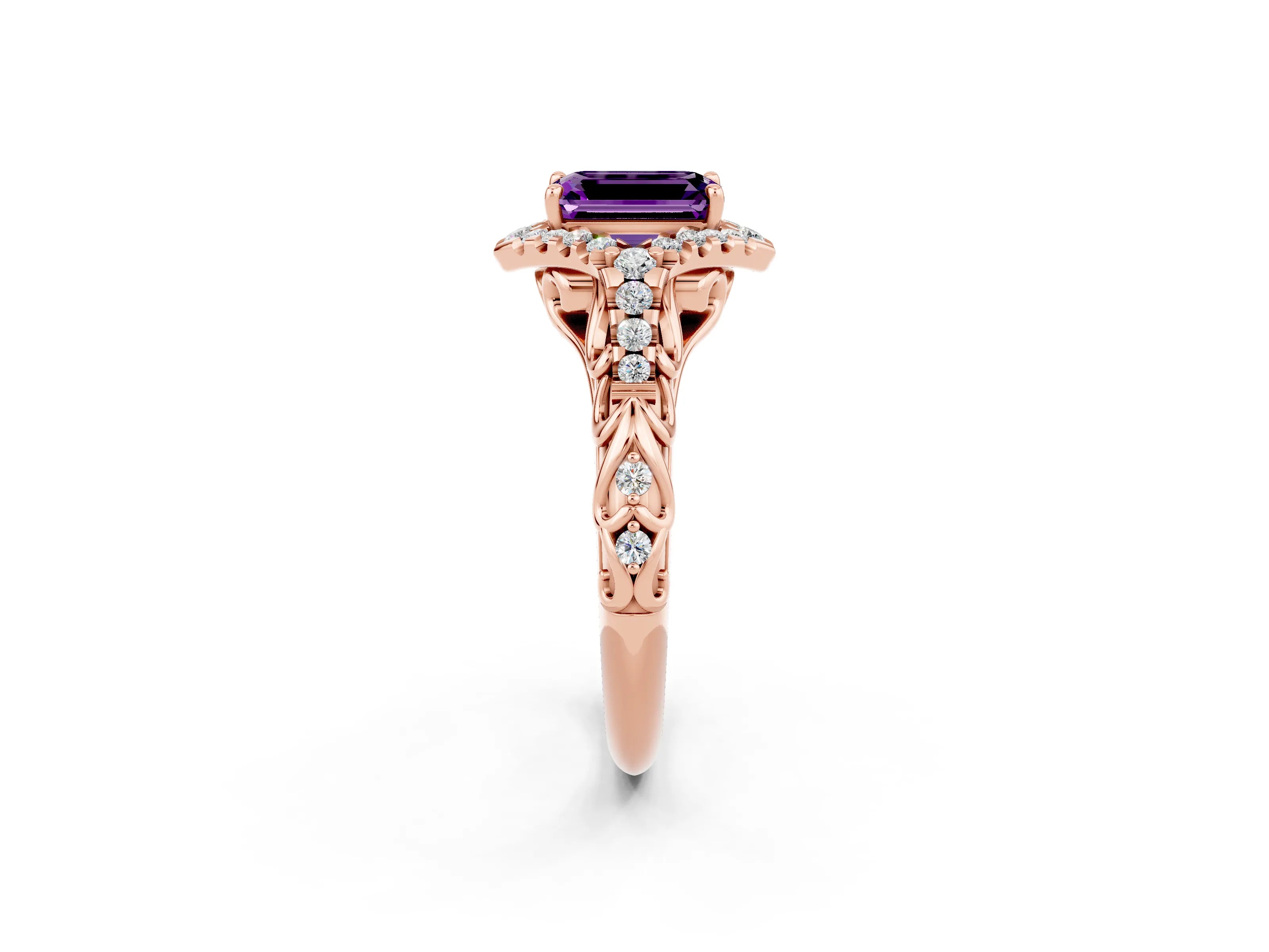 Rose gold Emerald Cut Amethyst Solitaire Ring with Hidden Halo and Pavé Band_14