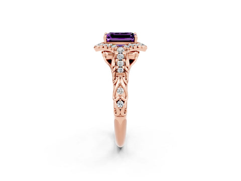 Rose gold Emerald Cut Amethyst Solitaire Ring with Hidden Halo and Pavé Band_14