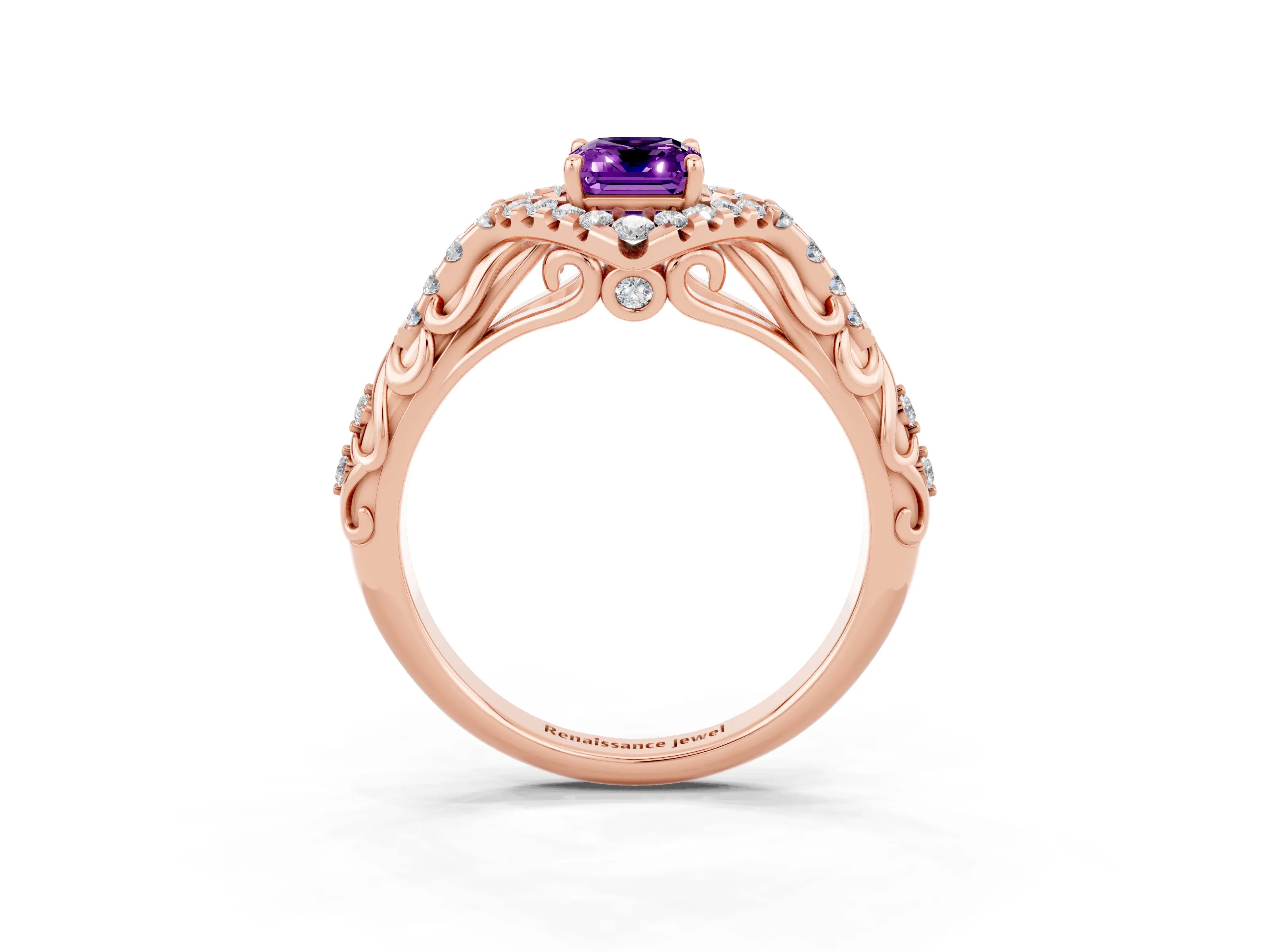 Rose gold Emerald Cut Amethyst Solitaire Ring with Hidden Halo and Pavé Band_15