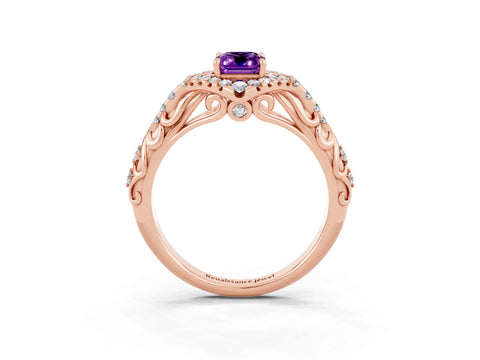 Rose gold Emerald Cut Amethyst Solitaire Ring with Hidden Halo and Pavé Band_15