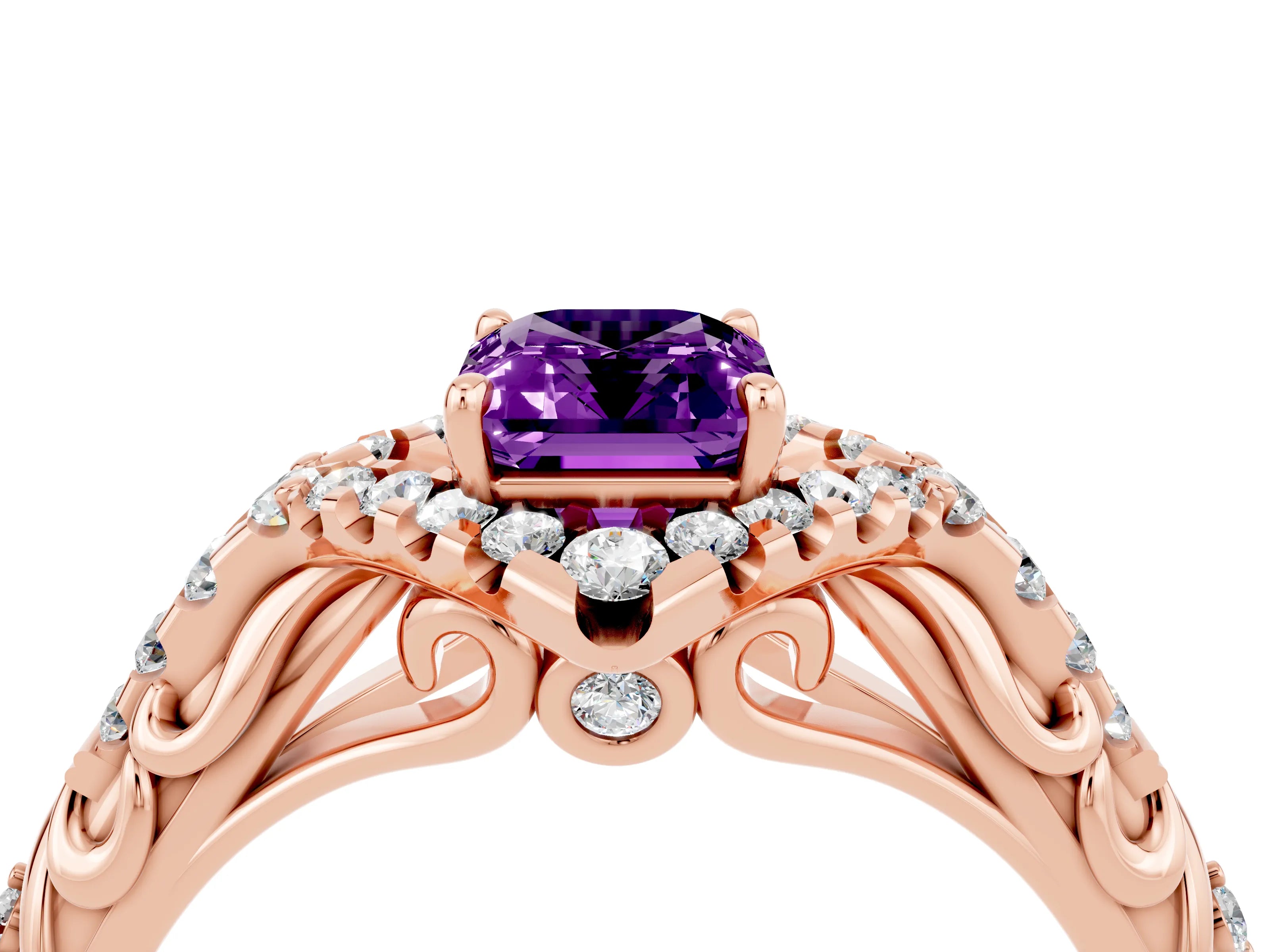 Rose gold Emerald Cut Amethyst Solitaire Ring with Hidden Halo and Pavé Band_16