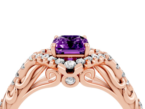 Rose gold Emerald Cut Amethyst Solitaire Ring with Hidden Halo and Pavé Band_16