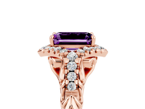 Rose gold Emerald Cut Amethyst Solitaire Ring with Hidden Halo and Pavé Band_17