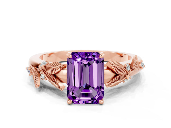 Rose gold Emerald Cut Amethyst Solitaire Ring with Leaf Motif Band and Four-Prong Setting
