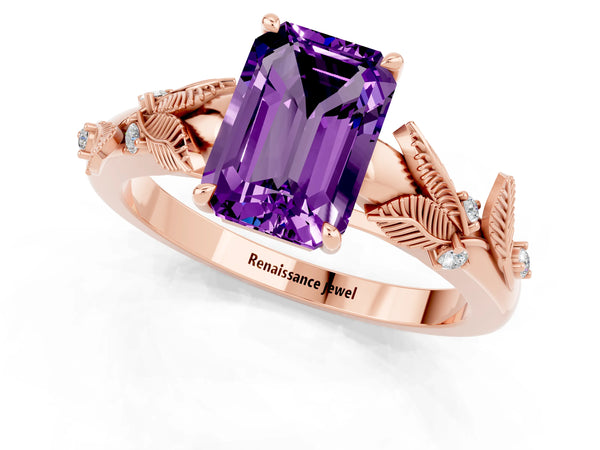 Rose gold Emerald Cut Amethyst Solitaire Ring with Leaf Motif Band and Four-Prong Setting