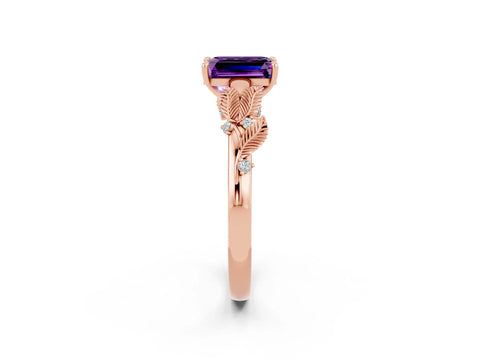Rose gold Emerald Cut Amethyst Solitaire Ring with Leaf Motif Band and Four-Prong Setting_2