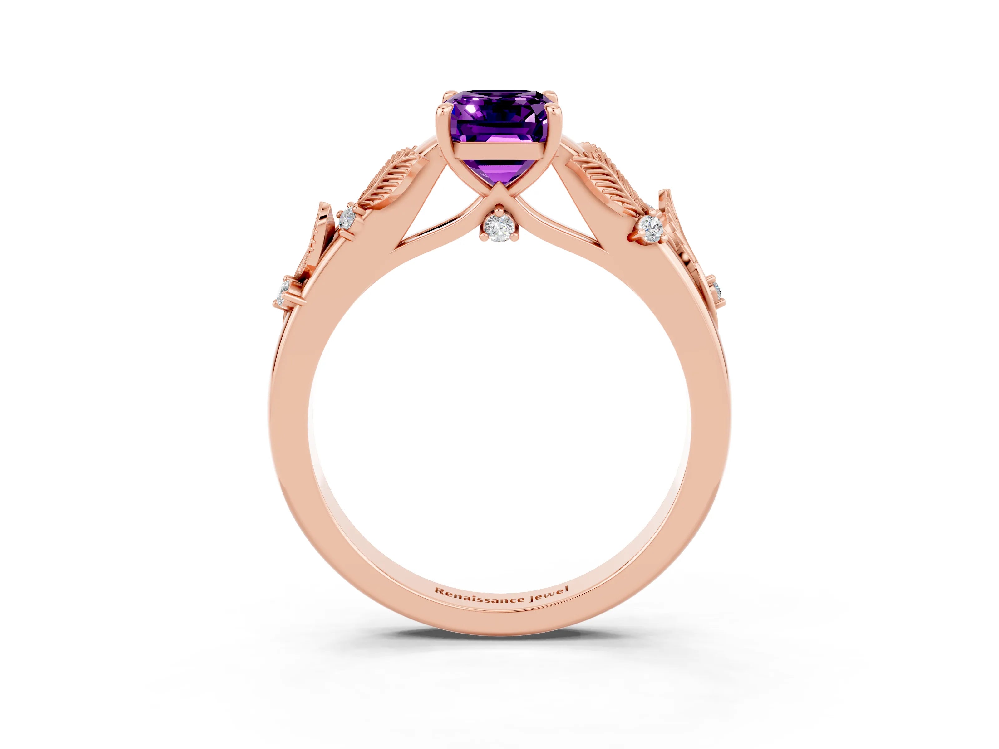 Rose gold Emerald Cut Amethyst Solitaire Ring with Leaf Motif Band and Four-Prong Setting_3