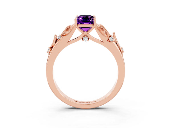 Rose gold Emerald Cut Amethyst Solitaire Ring with Leaf Motif Band and Four-Prong Setting