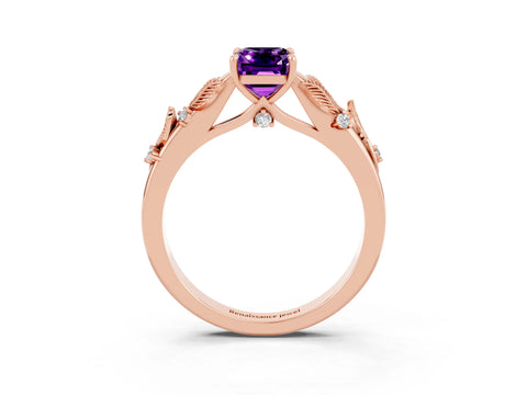 Rose gold Emerald Cut Amethyst Solitaire Ring with Leaf Motif Band and Four-Prong Setting_3