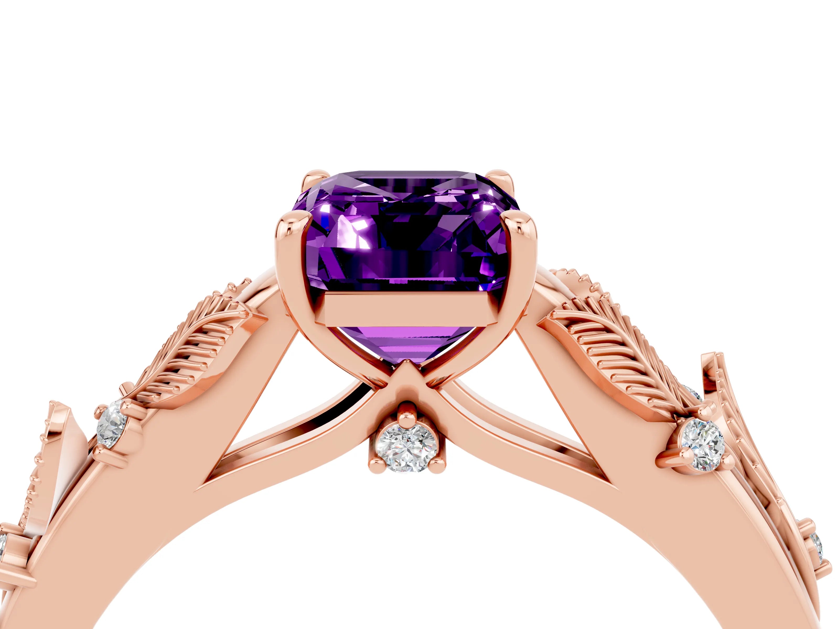 Rose gold Emerald Cut Amethyst Solitaire Ring with Leaf Motif Band and Four-Prong Setting_4