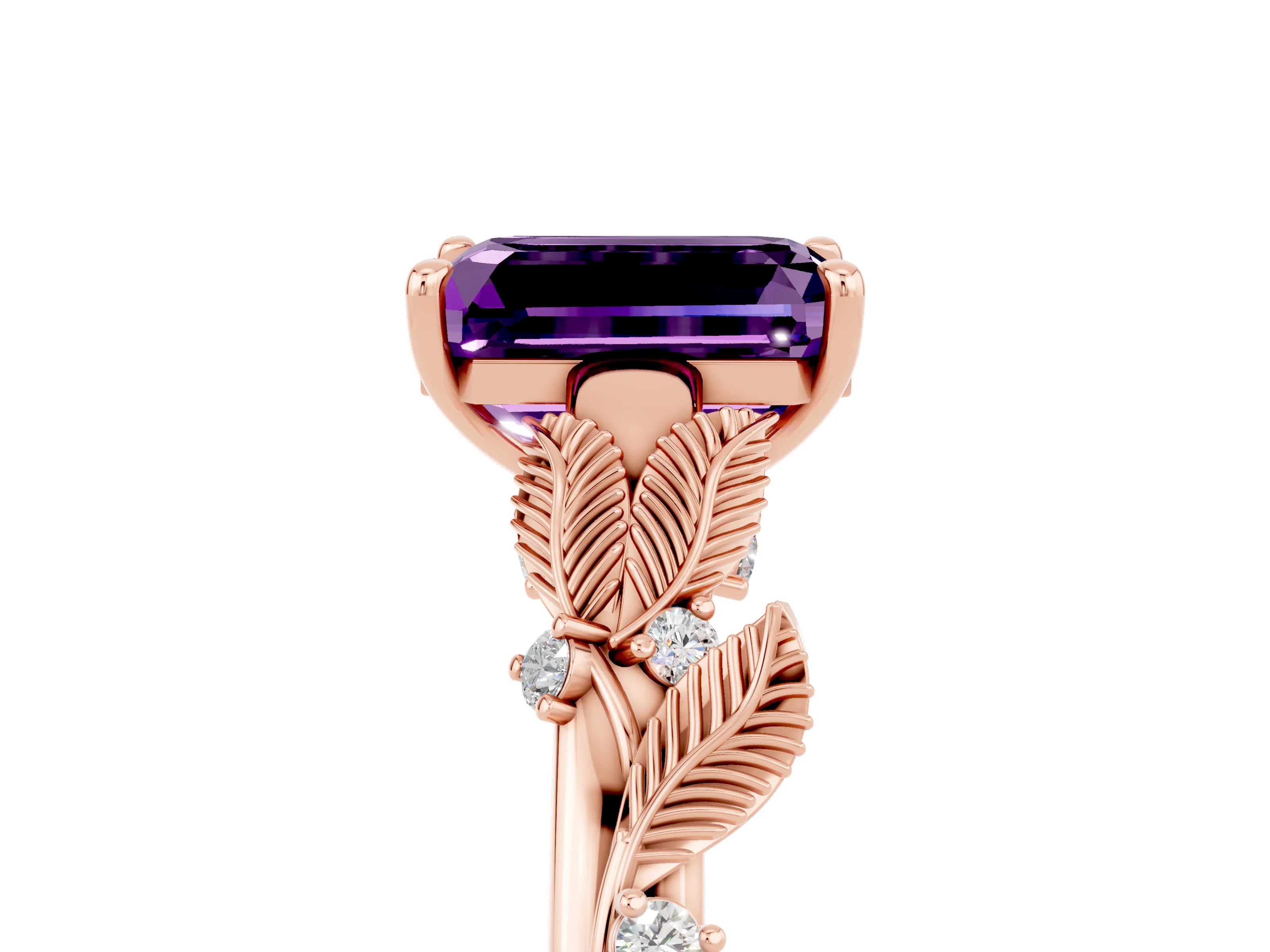 Rose gold Emerald Cut Amethyst Solitaire Ring with Leaf Motif Band and Four-Prong Setting_5
