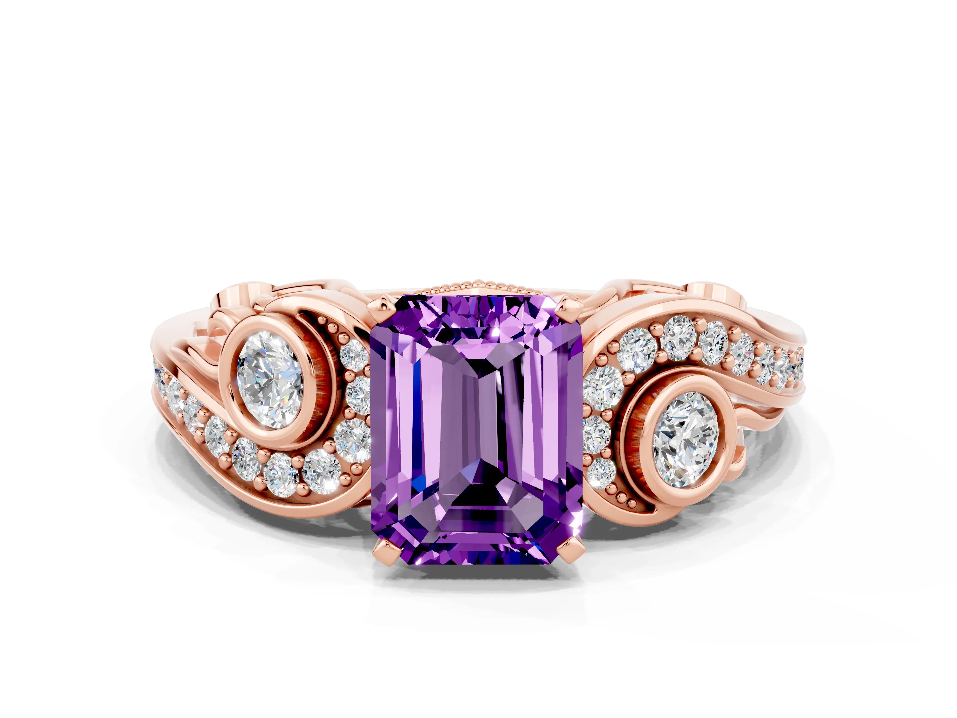 Rose gold Emerald Cut Amethyst Solitaire Ring with Milgrain Pavé Band and Four-Prong Setting_24