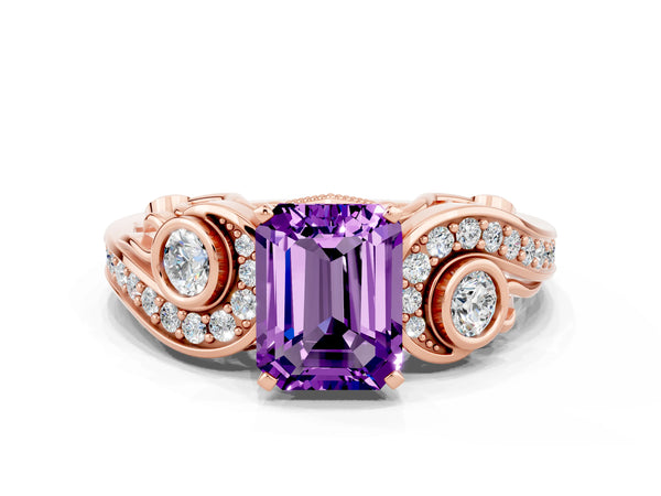 Rose gold Emerald Cut Amethyst Solitaire Ring with Milgrain Pavé Band and Four-Prong Setting