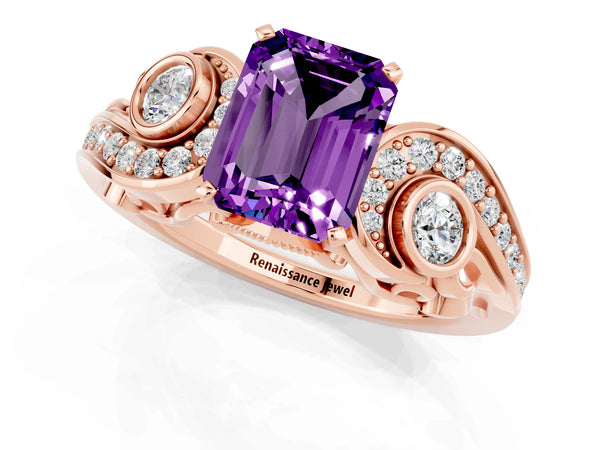 Rose gold Emerald Cut Amethyst Solitaire Ring with Milgrain Pavé Band and Four-Prong Setting