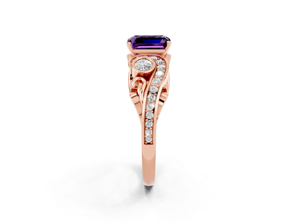 Rose gold Emerald Cut Amethyst Solitaire Ring with Milgrain Pavé Band and Four-Prong Setting