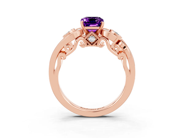 Rose gold Emerald Cut Amethyst Solitaire Ring with Milgrain Pavé Band and Four-Prong Setting