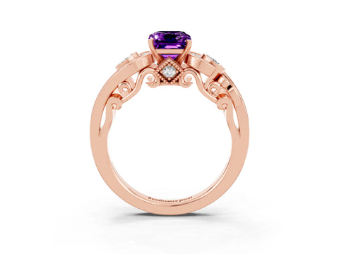 Rose gold Emerald Cut Amethyst Solitaire Ring with Milgrain Pavé Band and Four-Prong Setting_27