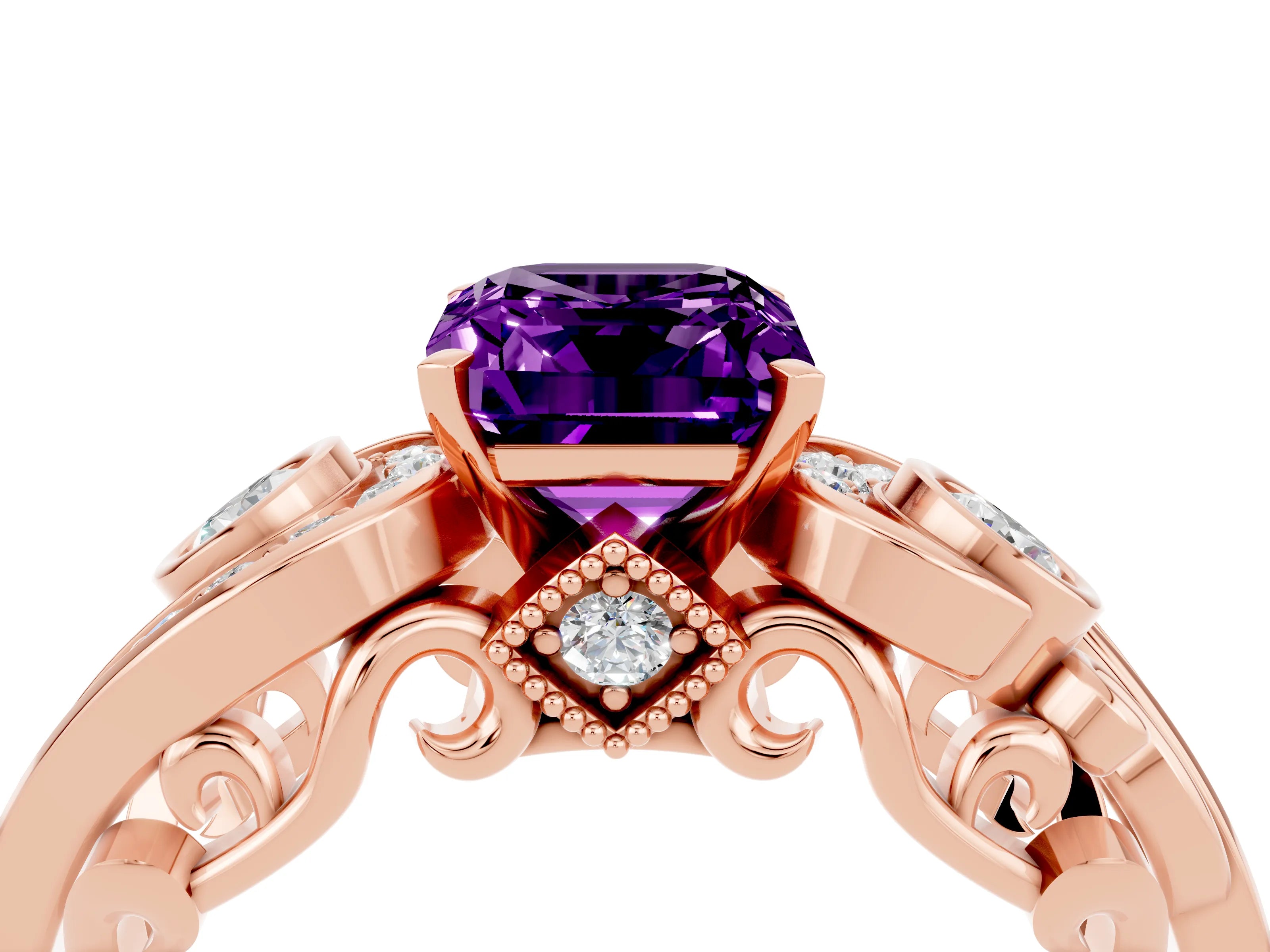 Rose gold Emerald Cut Amethyst Solitaire Ring with Milgrain Pavé Band and Four-Prong Setting_28