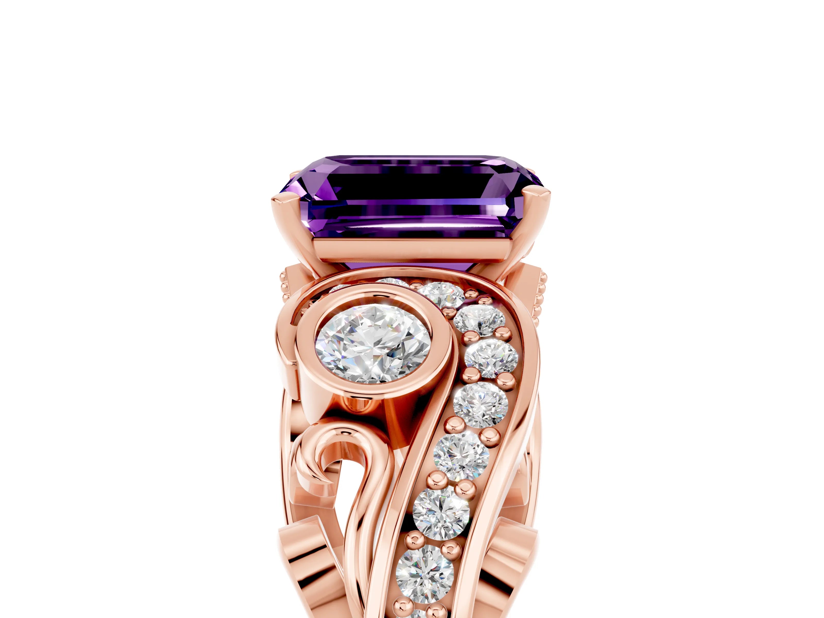 Rose gold Emerald Cut Amethyst Solitaire Ring with Milgrain Pavé Band and Four-Prong Setting_29
