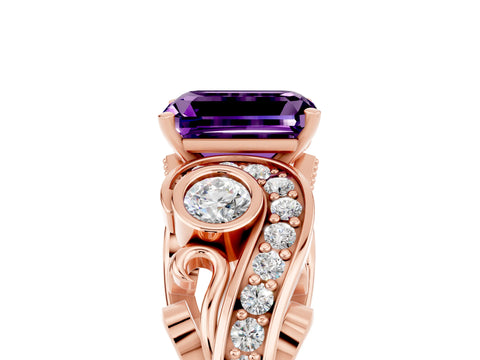 Rose gold Emerald Cut Amethyst Solitaire Ring with Milgrain Pavé Band and Four-Prong Setting_29