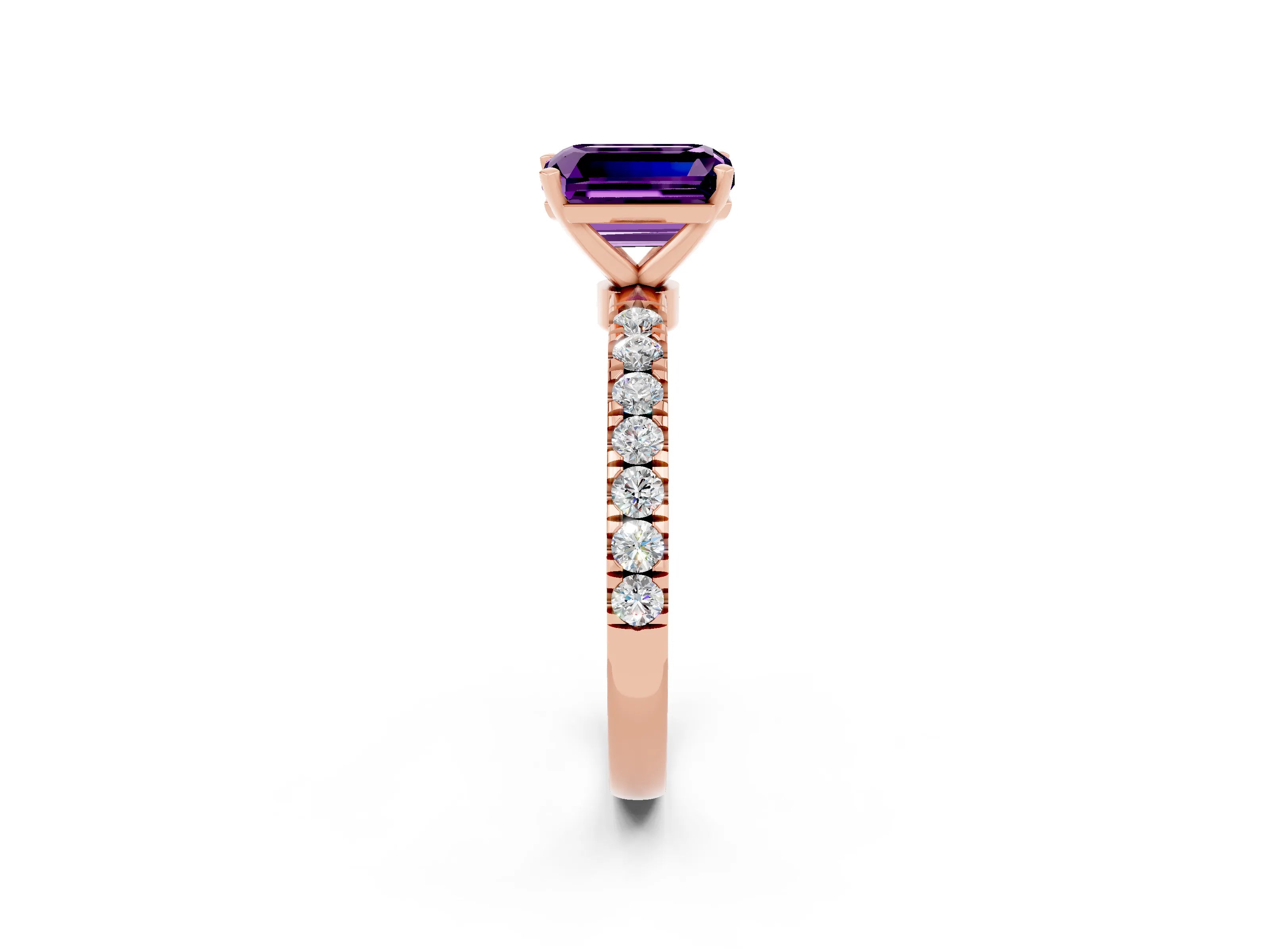 Rose gold Emerald Cut Amethyst Solitaire Ring with Pavé Accents and Four-Prong Setting_2