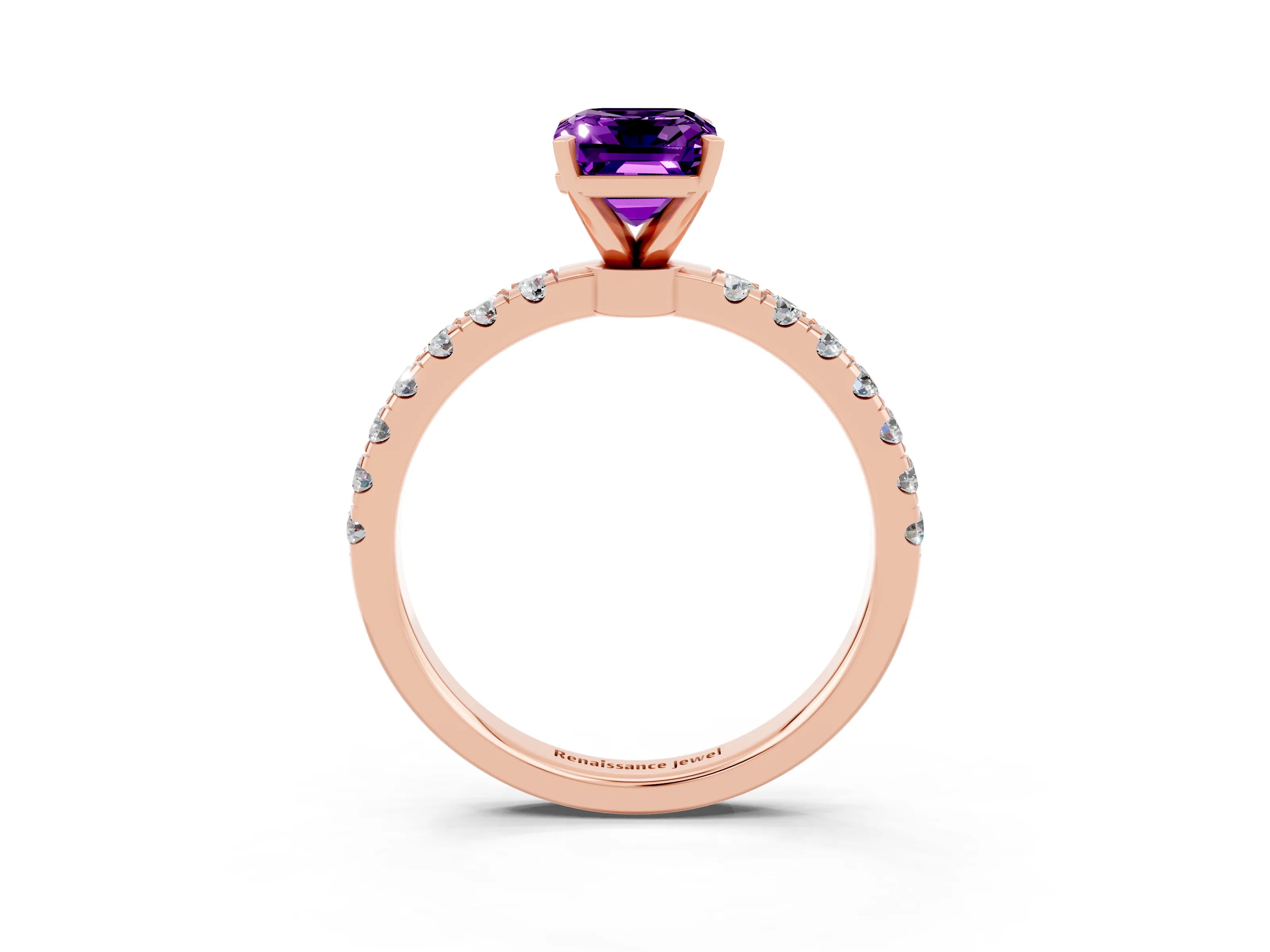 Rose gold Emerald Cut Amethyst Solitaire Ring with Pavé Accents and Four-Prong Setting_3