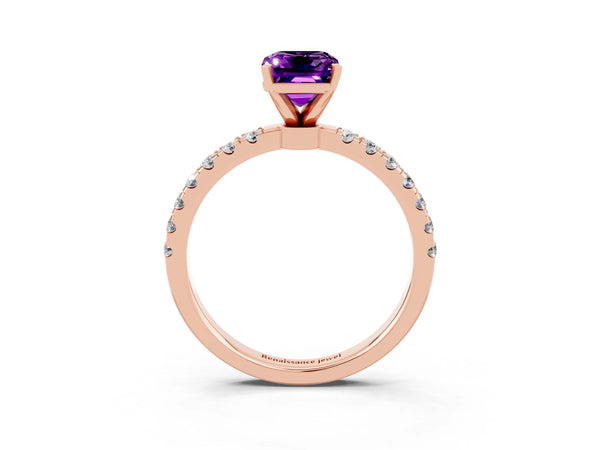 Rose gold Emerald Cut Amethyst Solitaire Ring with Pavé Accents and Four-Prong Setting