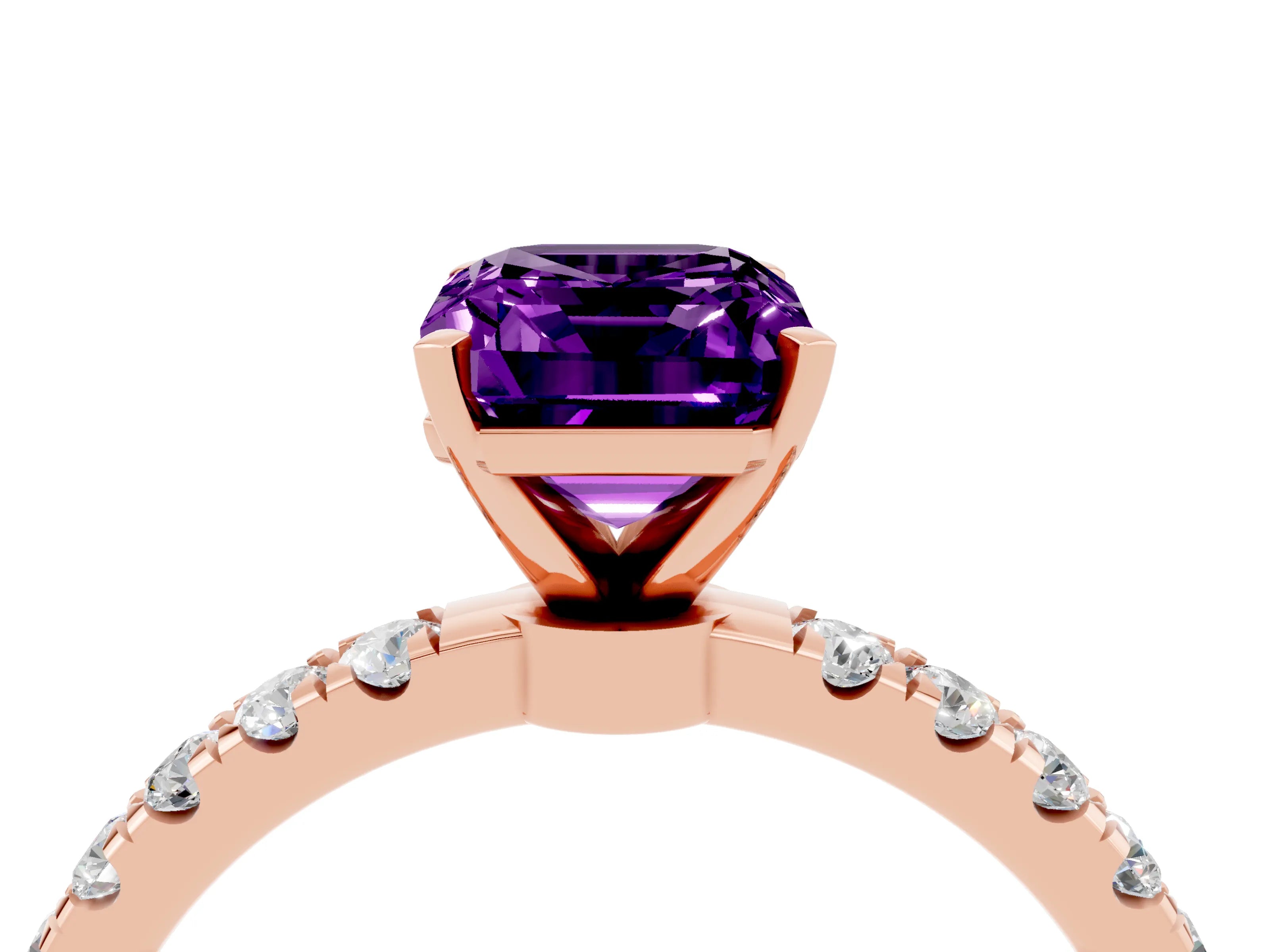 Rose gold Emerald Cut Amethyst Solitaire Ring with Pavé Accents and Four-Prong Setting_4