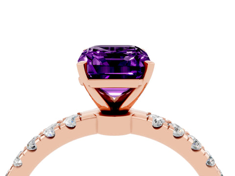 Rose gold Emerald Cut Amethyst Solitaire Ring with Pavé Accents and Four-Prong Setting_4