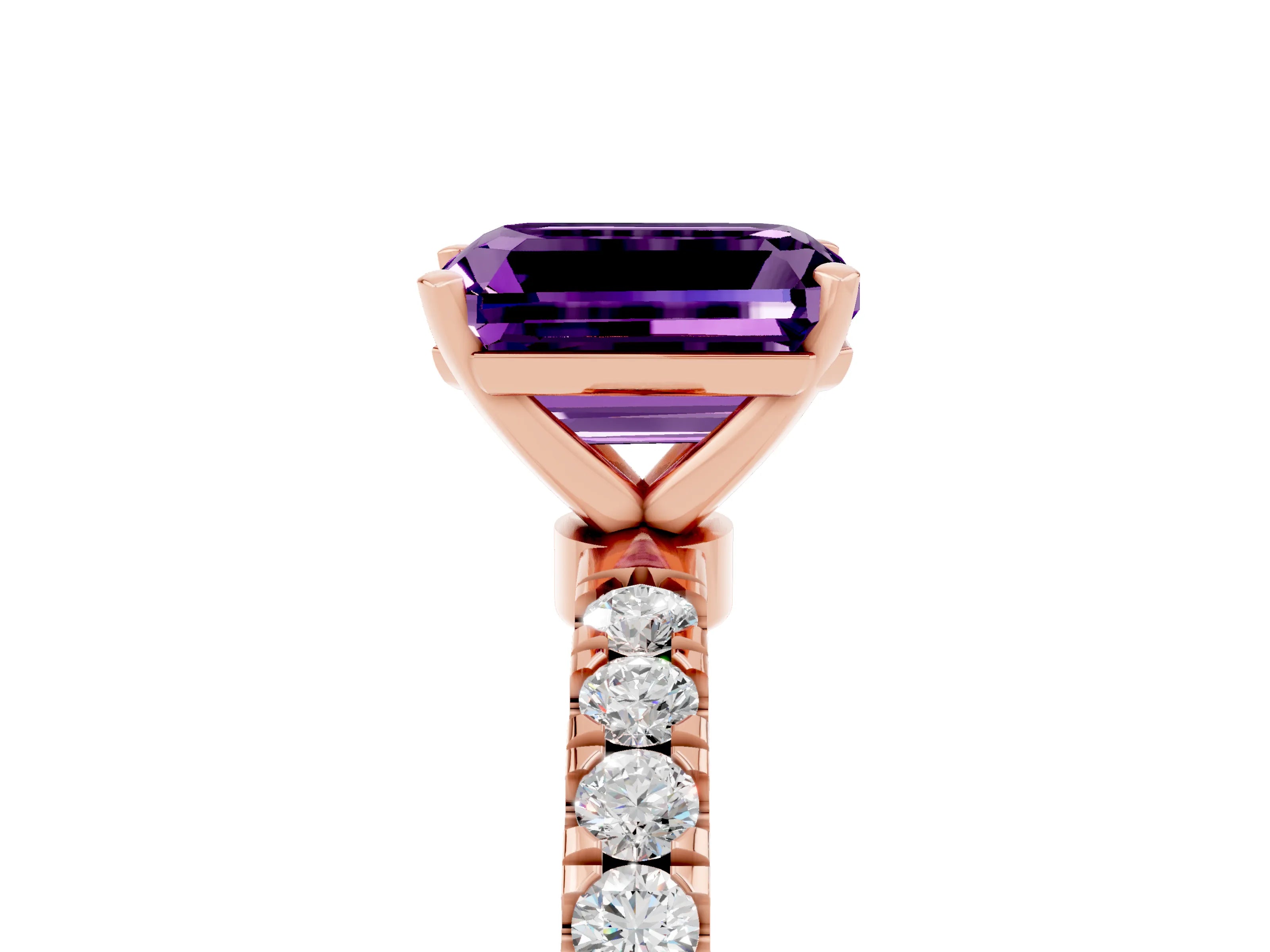 Rose gold Emerald Cut Amethyst Solitaire Ring with Pavé Accents and Four-Prong Setting_5