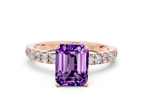 Rose gold Emerald Cut Amethyst Solitaire Ring with Pavé Accents and Four-Prong Setting
