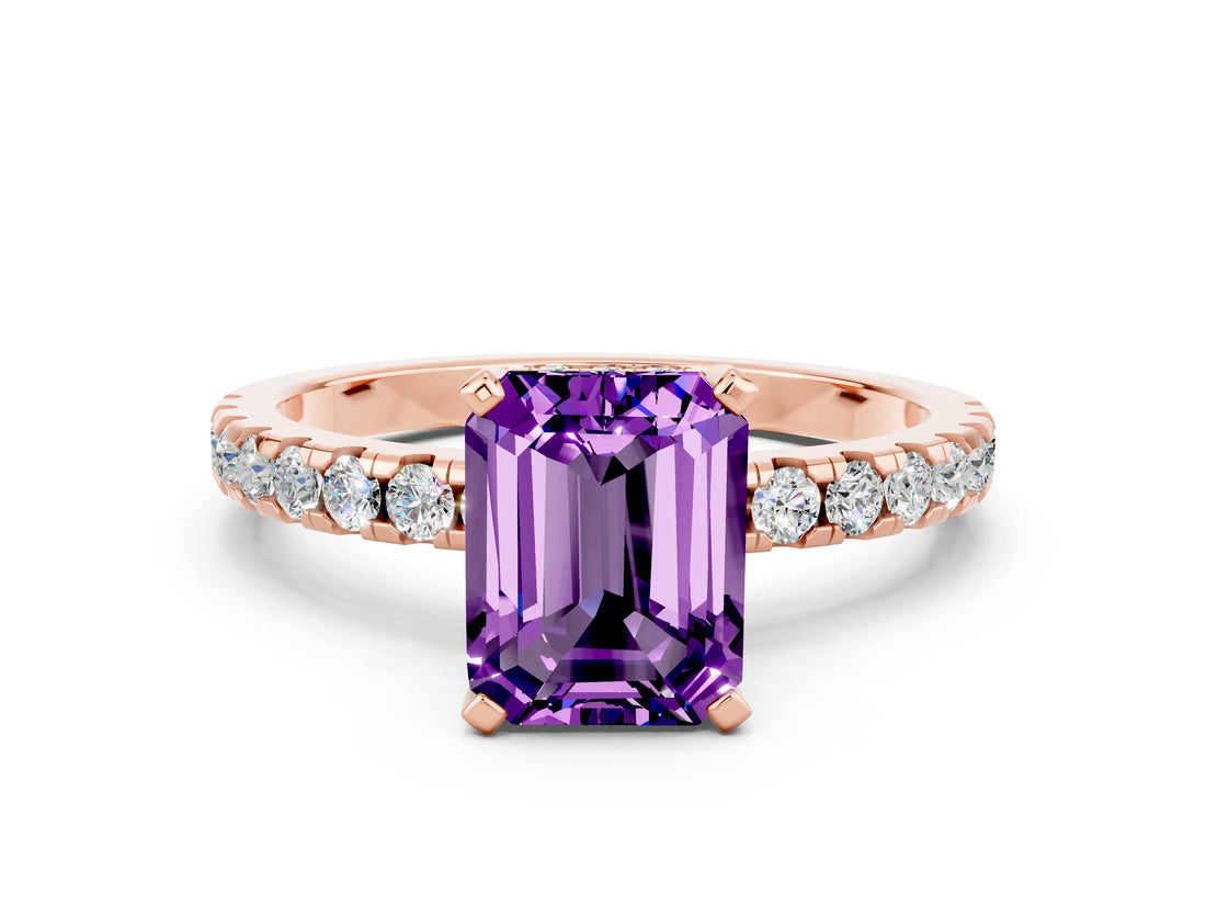 Rose gold Emerald Cut Amethyst Solitaire Ring with Pavé Band and Four-Prong Setting_24
