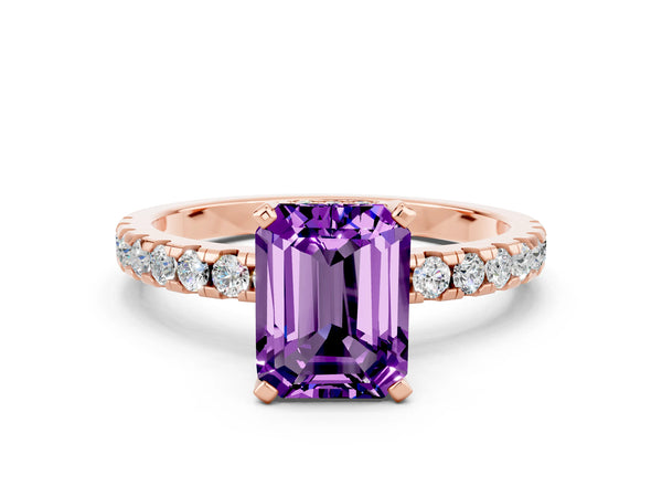 Rose gold Emerald Cut Amethyst Solitaire Ring with Round  Pavé Band and Four-Prong Setting