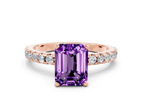 Rose gold Emerald Cut Amethyst Solitaire Ring with Pavé Band and Four-Prong Setting_24