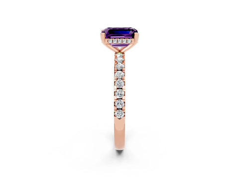 Rose gold Emerald Cut Amethyst Solitaire Ring with Pavé Band and Four-Prong Setting_26